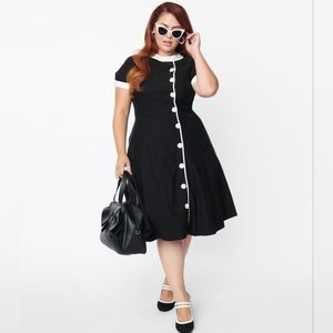 Unique Vintage Plus Size Black & White Contrast Button Swing Dress